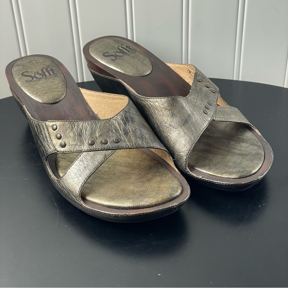 Sofft Metallic Bronze Gold Metal Detail Slides Sandals 7M Summer Party‎
